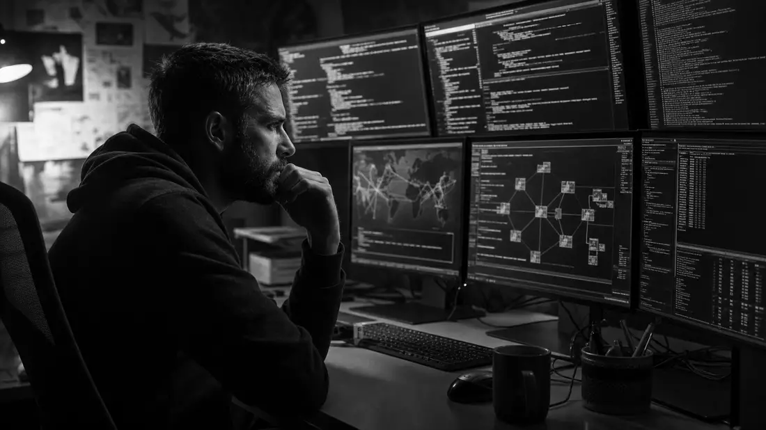 Schwarzweiß-Reportagefoto eines Cybersicherheitsanalysten vor mehreren Bildschirmen