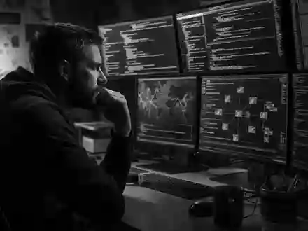 CrowdStrike Holdings Analyst US22788C1053 analysiert digitalen Bedrohungscode auf Bildschirmen in dokumentarischer Schwarzweiß-Aufnahme - Foto: THN