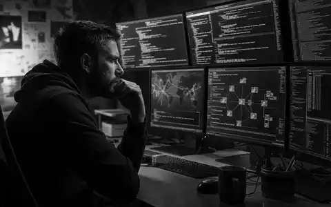 CrowdStrike Holdings Analyst US22788C1053 analysiert digitalen Bedrohungscode auf Bildschirmen in dokumentarischer Schwarzweiß-Aufnahme - Foto: THN