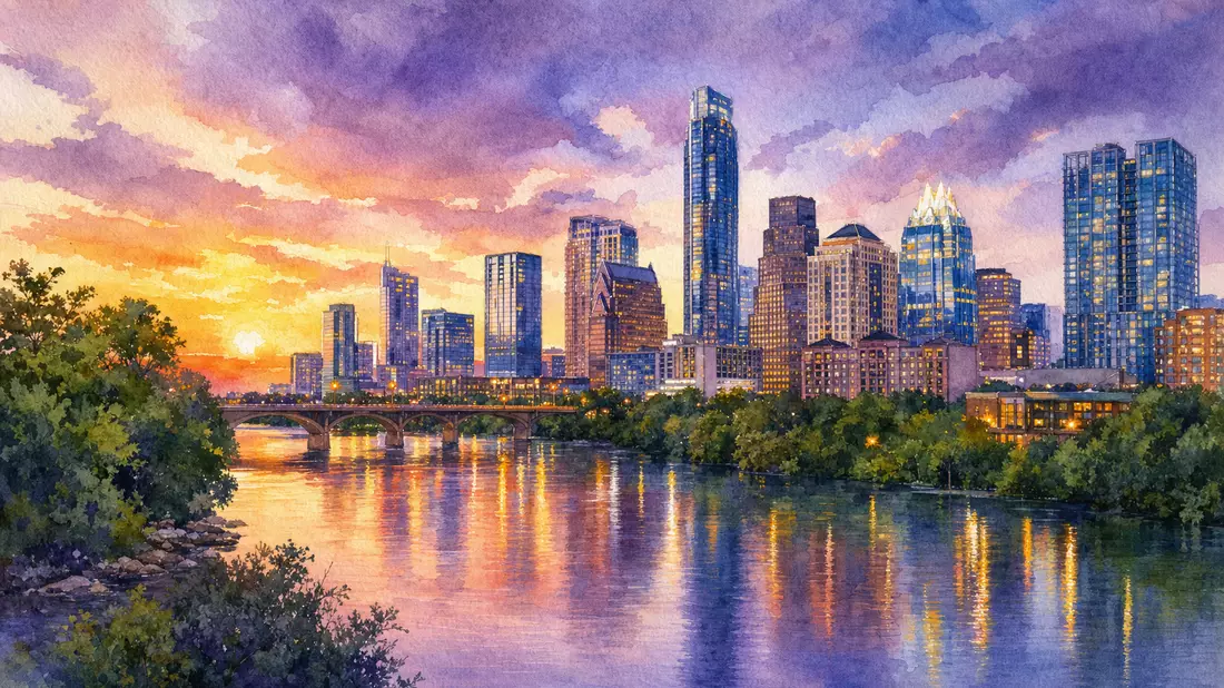 Aquarellgemälde der Skyline von Austin Texas bei Abenddämmerung am Fluss
