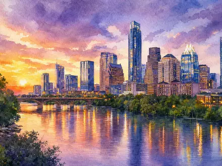 CrowdStrike Holdings Firmenstandort Austin Texas US22788C1053 als Aquarell mit Flussreflexion bei Sonnenuntergang - Foto: THN