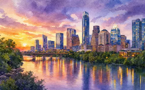 CrowdStrike Holdings Firmenstandort Austin Texas US22788C1053 als Aquarell mit Flussreflexion bei Sonnenuntergang - Foto: THN
