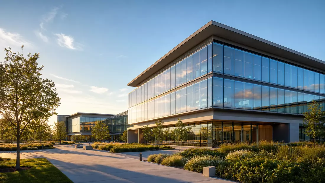 Architekturvisualisierung eines modernen Technologie-Campus mit Glasfassaden