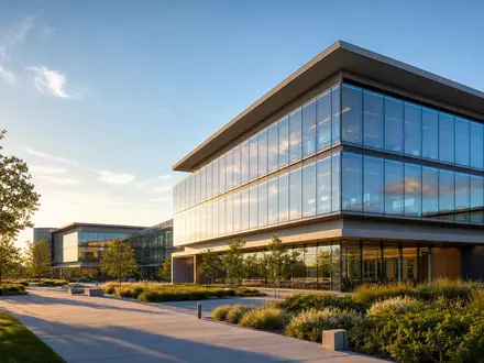 CrowdStrike Holdings Technologiecampus US22788C1053 als modernes Architektur-Render mit großer Glasfassade im Abendlicht - Foto: THN