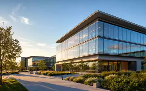 CrowdStrike Holdings Technologiecampus US22788C1053 als modernes Architektur-Render mit großer Glasfassade im Abendlicht - Foto: THN