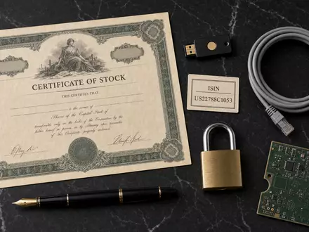 CrowdStrike Holdings Aktien-Flatlay US22788C1053 mit Zertifikat ISIN-Karte Sicherheitsschlüssel und Leiterplatte auf Marmor - Foto: THN
