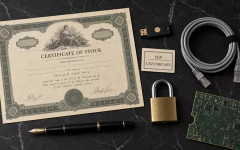 CrowdStrike Holdings Aktien-Flatlay US22788C1053 mit Zertifikat ISIN-Karte Sicherheitsschlüssel und Leiterplatte auf Marmor - Foto: THN