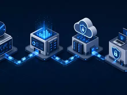 CrowdStrike Holdings Wertschöpfungskette US22788C1053 als isometrisches 3D-Diagramm mit vier vernetzten globalen Cybersicherheitsmodulen - Foto: THN