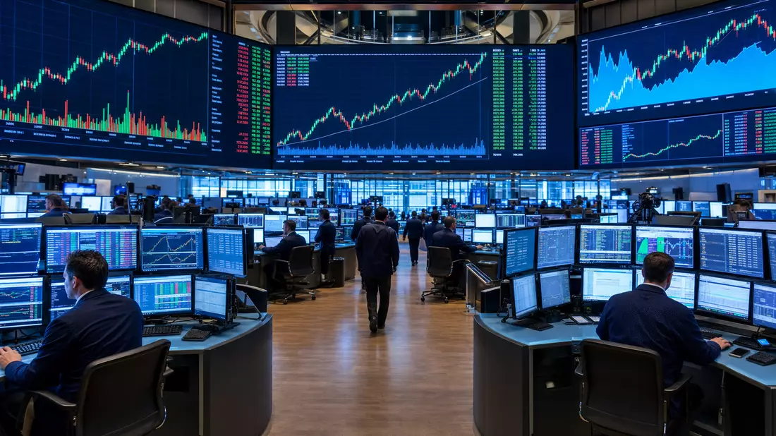 Redaktionsfoto des NASDAQ-Börsenparkets mit Technologie-Aktiencharts und Händlern