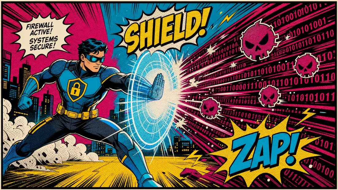 Pop-Art-Comic eines digitalen Sicherheitsverteidigers der Binärcode-Angriffe abwehrt
