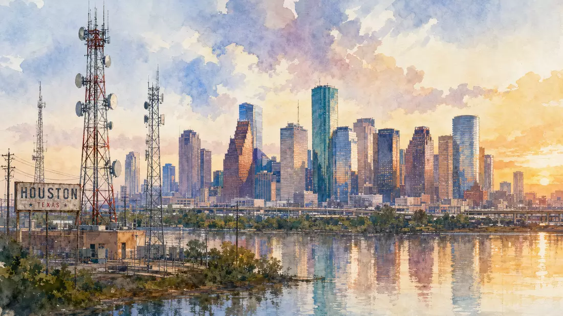 Aquarellgemälde der Skyline von Houston mit Kommunikationstürmen im Vordergrund