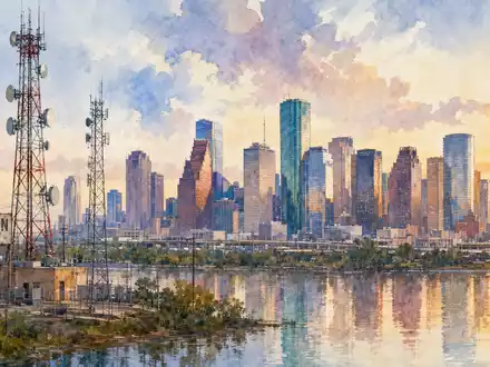 Crown Castle Inc. Standort Houston Texas US22822V1017 als stimmungsvolles Aquarell mit Türmen und Stadtsilhouette - Foto: THN