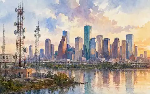 Crown Castle Inc. Standort Houston Texas US22822V1017 als stimmungsvolles Aquarell mit Türmen und Stadtsilhouette - Foto: THN