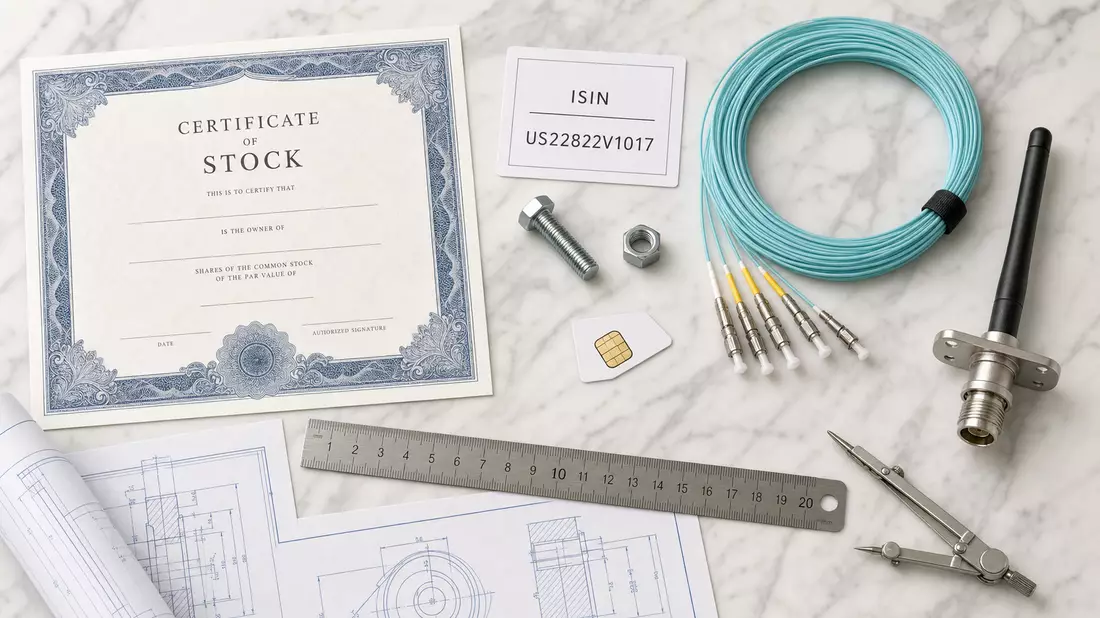 Flatlay-Arrangement mit Aktienzertifikat, ISIN-Karte US22822V1017, Kabel und Telekom-Utensilien