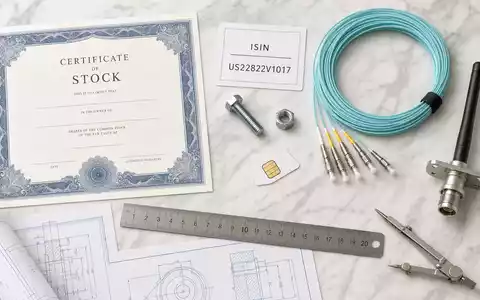 Crown Castle Inc. Flatlay US22822V1017 zeigt Aktienzertifikat ISIN-Karte Koaxialkabel Antennenbauteil und Blaupause - Foto: THN