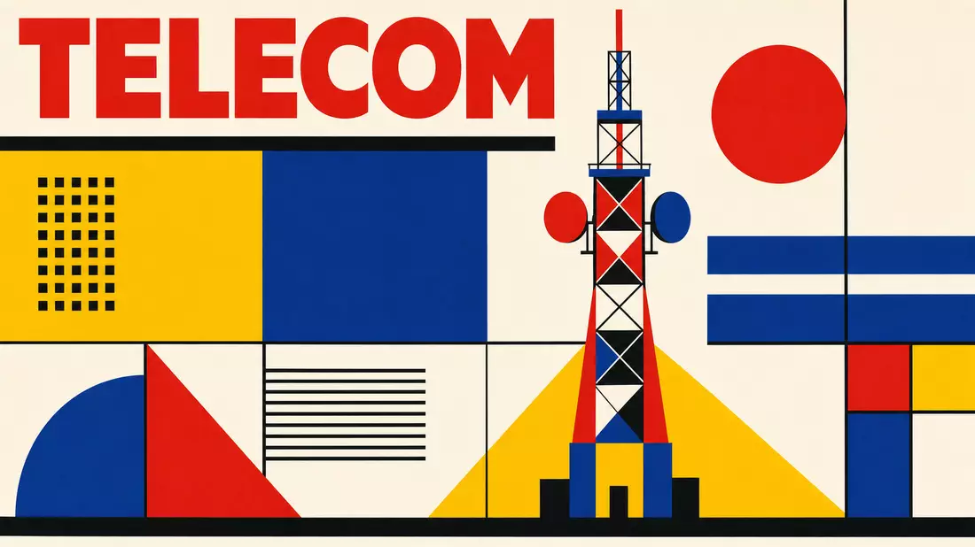 Bauhaus-Poster mit geometrischem Telekommunikationsturm in Primärfarben Rot Gelb Blau