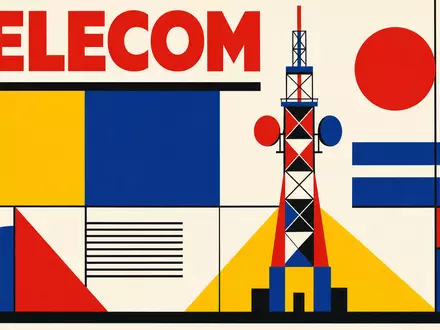 Crown Castle Inc. Sektor US22822V1017 als Bauhaus-Poster mit geometrischem Turm und TELECOM-Schriftzug in Primärfarben - Foto: THN
