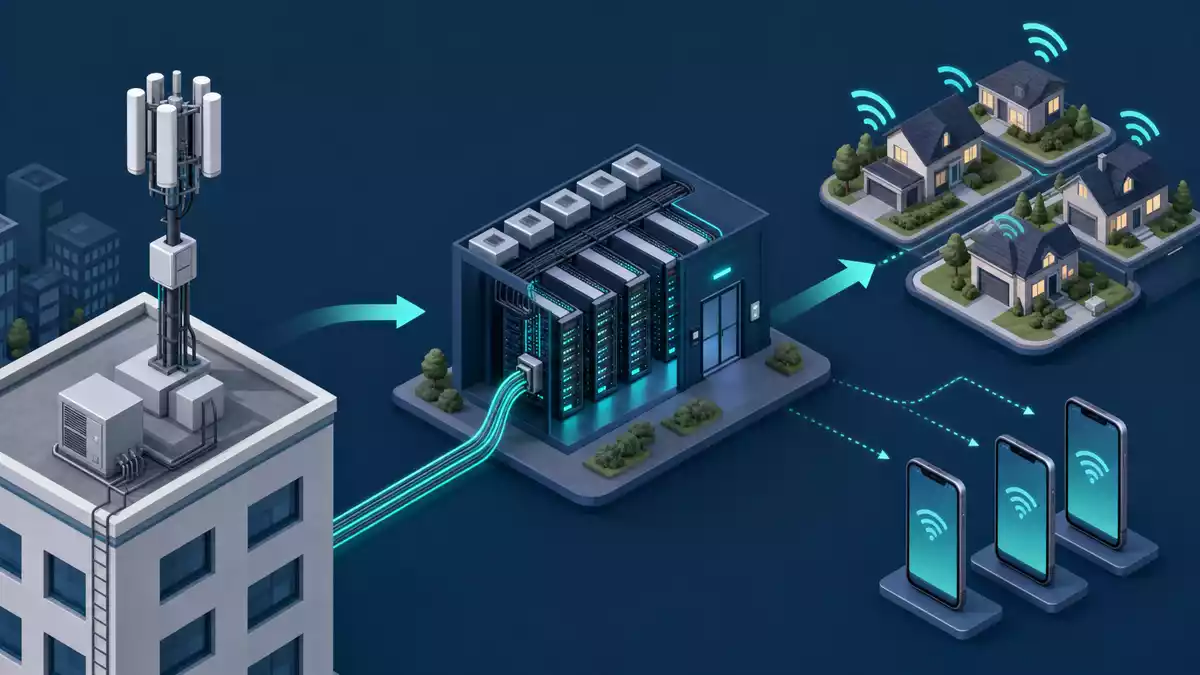Isometrisches 3D-Diagramm der Telekommunikations-Wertschöpfungskette von Turm bis Endnutzer