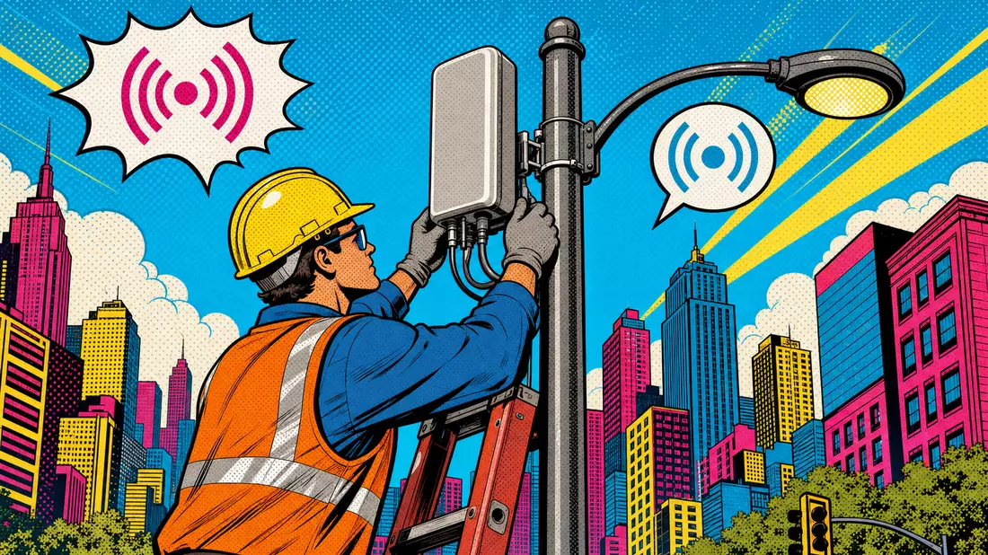 Pop-Art-Comic eines Monteurs bei der 5G-Kleinzellen-Installation an einem Straßenlaternenmast