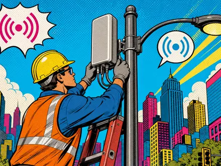 Crown Castle Inc. Small-Cell-Monteur US22822V1017 installiert 5G-Antenne in Pop-Art-Comicstil mit bunter Stadtkulisse - Foto: THN