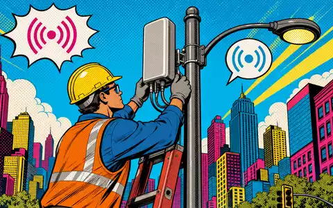 Crown Castle Inc. Small-Cell-Monteur US22822V1017 installiert 5G-Antenne in Pop-Art-Comicstil mit bunter Stadtkulisse - Foto: THN
