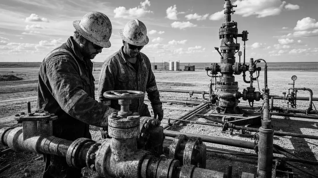 Schwarzweißfoto zweier Ölarbeiter an Rohrventilen in weiter Industrielandschaft