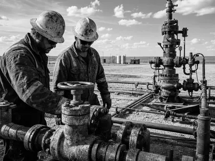 Coterra Energy zwei Ölarbeiter inspizieren Pipeline-Ventile in der flachen Schieferebene Schwarzweiß US22052L1044 - Foto: THN