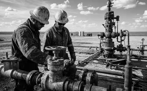 Coterra Energy zwei Ölarbeiter inspizieren Pipeline-Ventile in der flachen Schieferebene Schwarzweiß US22052L1044 - Foto: THN