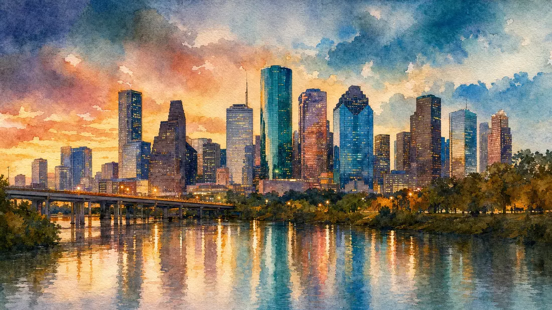 Aquarellgemälde der Houston-Skyline mit Flussreflexionen bei Abenddämmerung
