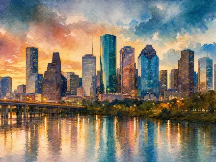 Coterra Energy Hauptsitz Houston – Aquarell der Skyline am Abend mit Flussreflexion US22052L1044 - Foto: THN