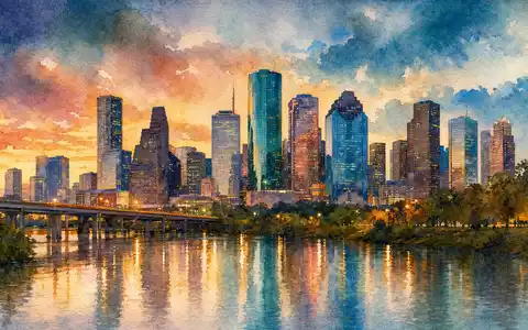 Coterra Energy Hauptsitz Houston – Aquarell der Skyline am Abend mit Flussreflexion US22052L1044 - Foto: THN