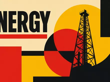 Coterra Energy Öl-Sektor als Bauhaus-Poster mit geometrischen Formen in Rot Schwarz Gelb und Ölturm US22052L1044 - Foto: THN