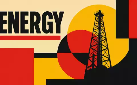 Coterra Energy Ă–l-Sektor als Bauhaus-Poster mit geometrischen Formen in Rot Schwarz Gelb und Ă–lturm US22052L1044 - Foto: THN