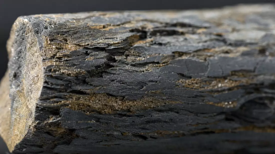 Extreme Nahaufnahme eines schwarzen Schiefer-Bohrkerns mit Sedimentschichten und Mikrorissen