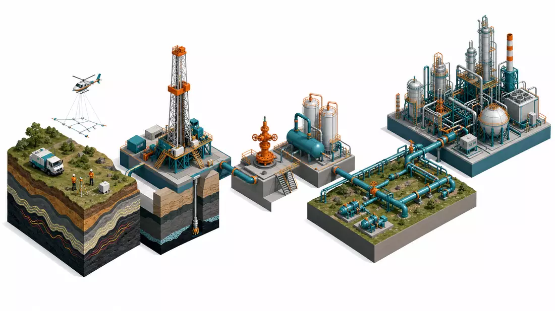 Isometrische 3D-Illustration der Öl-Gas-Prozesskette von Bohrloch über Pipeline zu Raffinerie