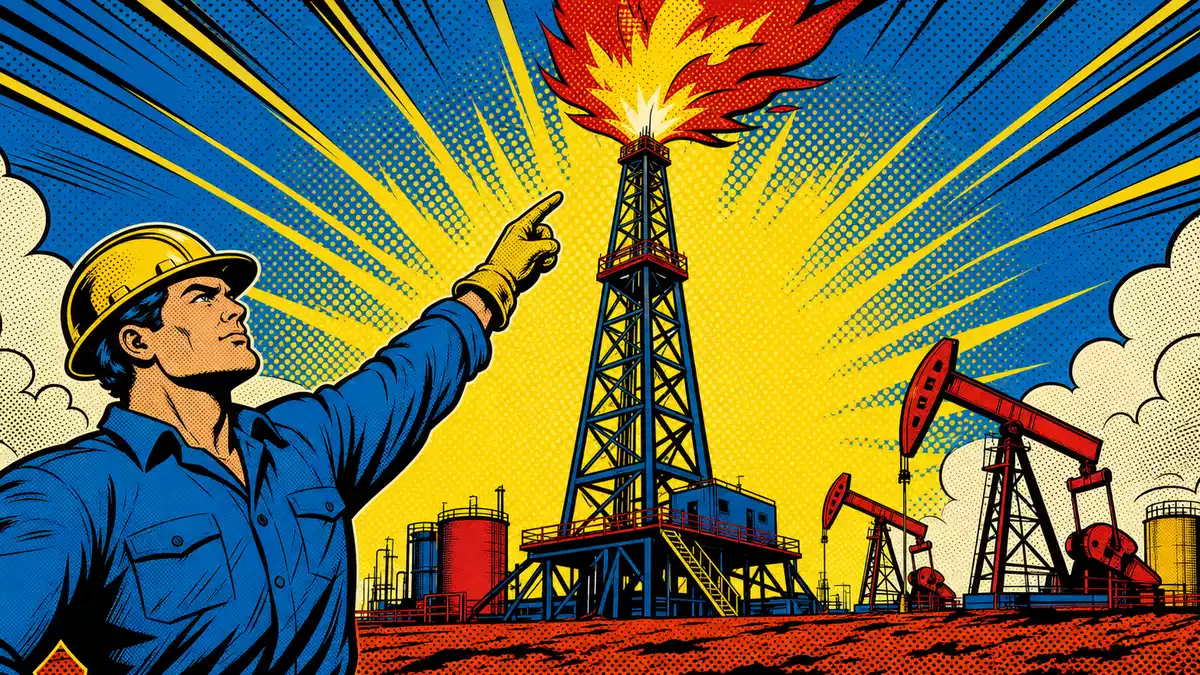 Pop-Art-Comic eines Ölarbeiters der auf flammenden Bohrturm zeigt, Halbtondots in Blau-Rot-Gelb