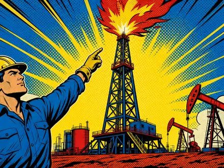 Coterra Energy Pop-Art-Comic mit Ölarbeiter vor flammendem Bohrturm in leuchtenden Primärfarben US22052L1044 - Foto: THN