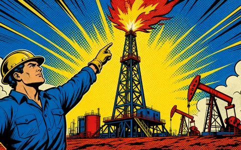 Coterra Energy Pop-Art-Comic mit Ölarbeiter vor flammendem Bohrturm in leuchtenden Primärfarben US22052L1044 - Foto: THN