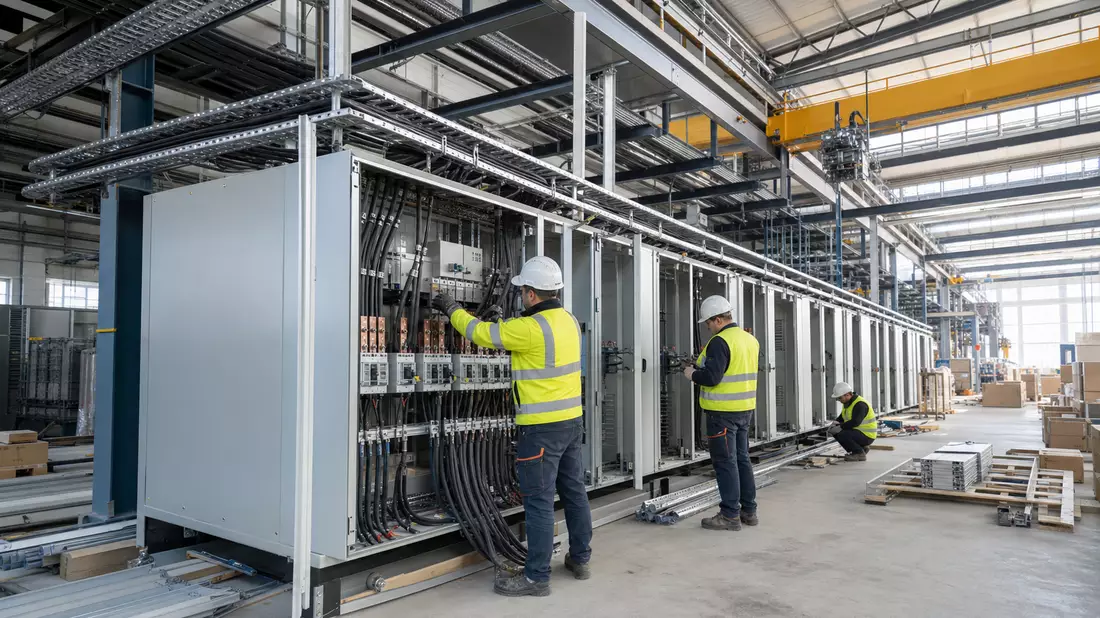 Techniker installieren Elektro- und Klimatechnik in moderner Industrieanlage, fotorealistisch