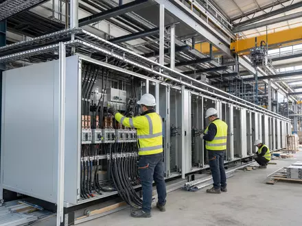 Fotorealistisches Bild zeigt Techniker bei Elektroinstallation, passend zu Spie SA, ISIN FR0012757854, Multitechnik-Dienstleister fuer Industrieanlagen - Foto: THN