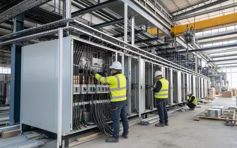 Fotorealistisches Bild zeigt Techniker bei Elektroinstallation, passend zu Spie SA, ISIN FR0012757854, Multitechnik-Dienstleister fuer Industrieanlagen - Foto: THN