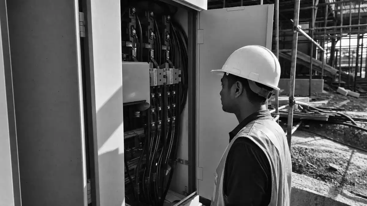 Dokumentarische Schwarzweiss-Aufnahme eines Ingenieurs an Schaltanlage auf Baustelle