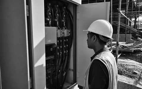 Schwarzweiss-Reportage dokumentiert Ingenieur bei Anlagenwartung, verbunden mit Spie SA, ISIN FR0012757854, Anbieter multitechnischer Ingenieurdienstleistungen - Foto: THN
