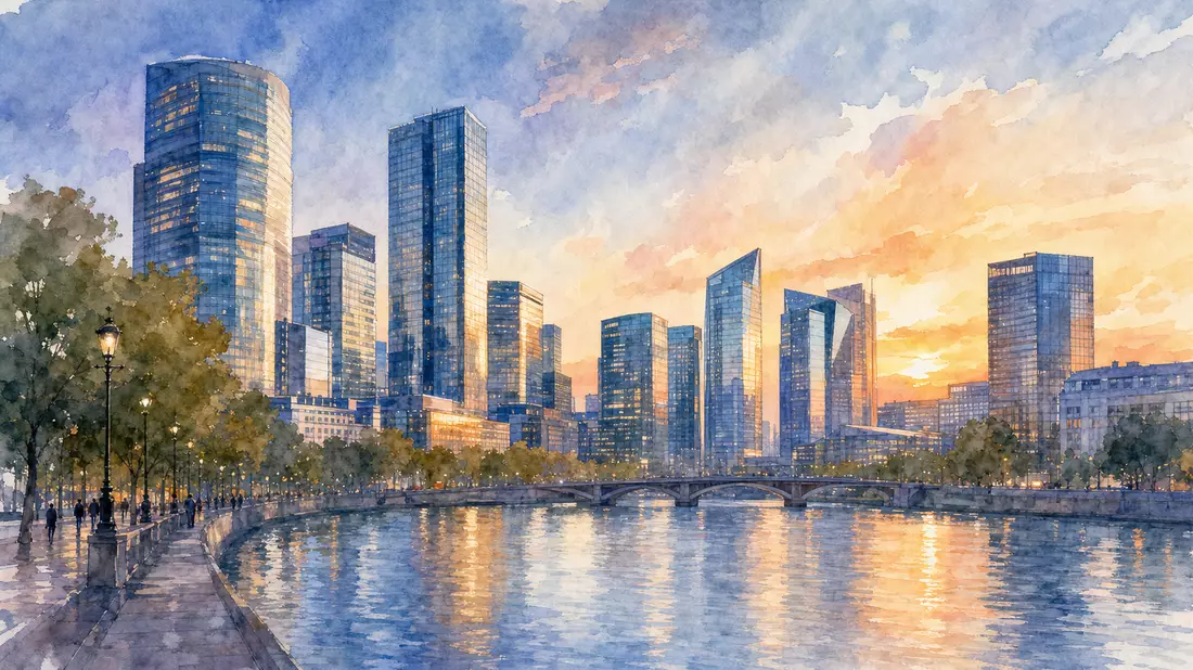 Aquarellbild einer modernen Bürostadt-Skyline in warmem Abendlicht