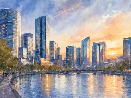Aquarellmalerei zeigt europaeische Buerostadt-Silhouette, inspiriert von Spie SA, ISIN FR0012757854, multitechnischer Dienstleistungskonzern - Foto: THN