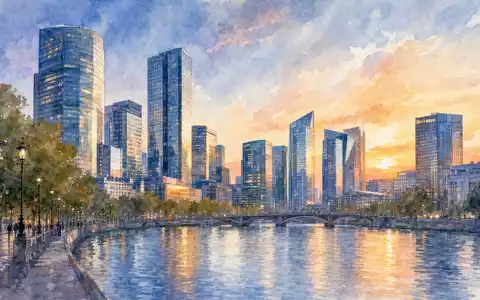 Aquarellmalerei zeigt europaeische Buerostadt-Silhouette, inspiriert von Spie SA, ISIN FR0012757854, multitechnischer Dienstleistungskonzern - Foto: THN