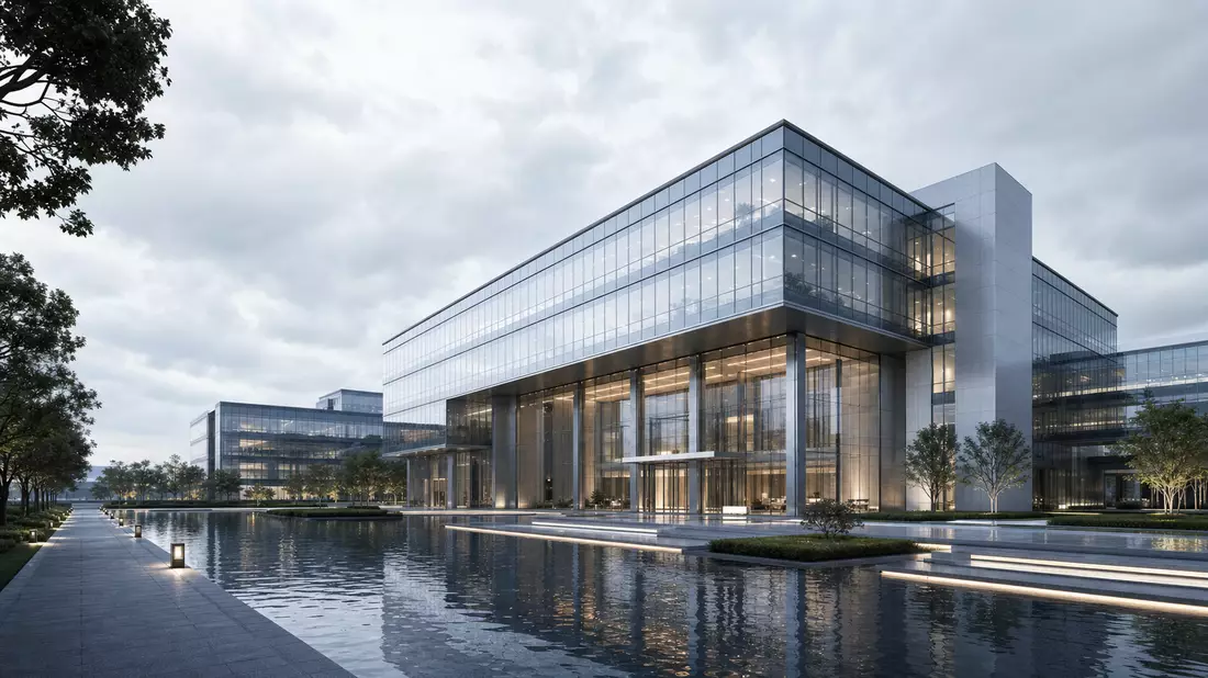 3D-Architektur-Render eines modernen Glas-Bürogebäudes mit Grünflächen