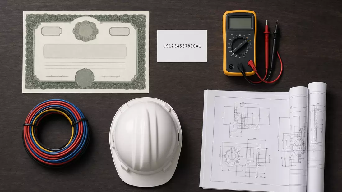Flatlay mit Aktienzertifikat, ISIN-Karte, Multimeter und technischen Bauplänen