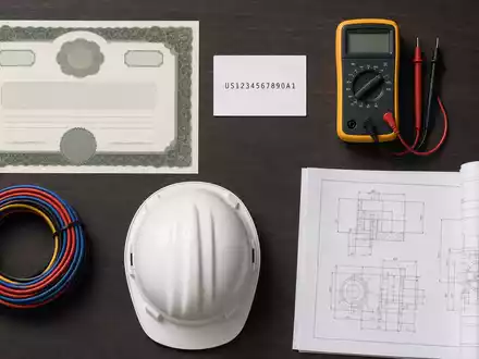 Flatlay-Arrangement zeigt Aktienzertifikat und ISIN-Karte, verbunden mit Spie SA, ISIN FR0012757854, neben Werkzeugen der Elektrotechnik - Foto: THN