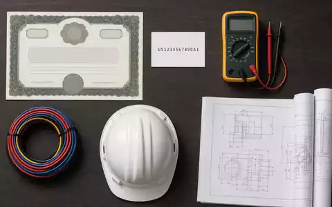 Flatlay-Arrangement zeigt Aktienzertifikat und ISIN-Karte, verbunden mit Spie SA, ISIN FR0012757854, neben Werkzeugen der Elektrotechnik - Foto: THN